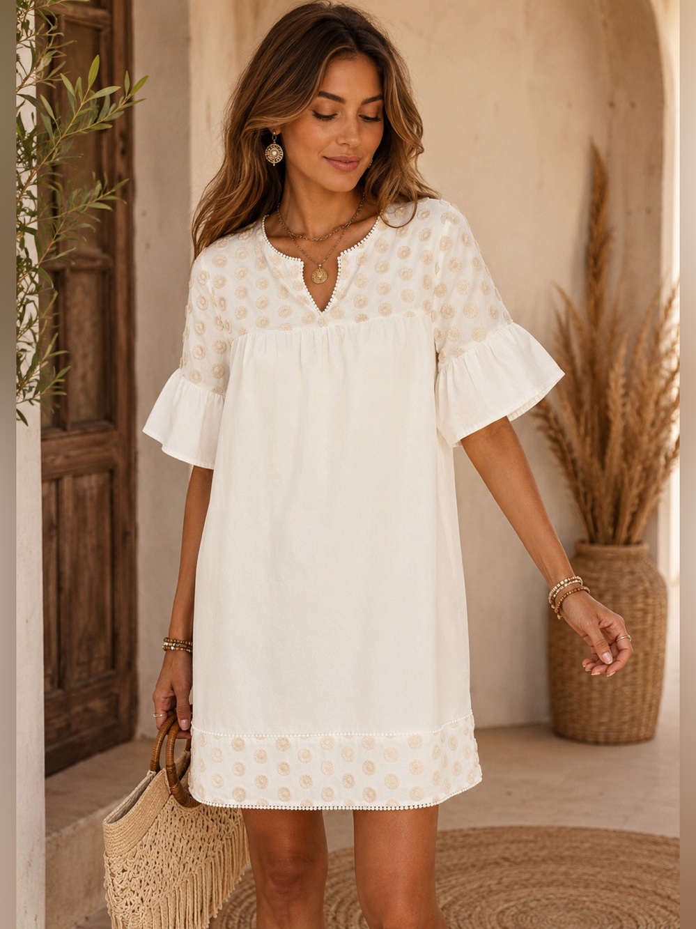 J.Crew Embellished Bell-Sleeve Shift Dress – Cream/Soft Blush Boho Style